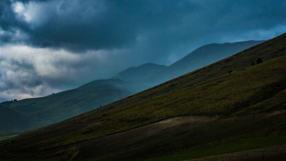 Mountain Under Blue Sky, clouds, dark clouds, dawn, daylight HD wallpaper