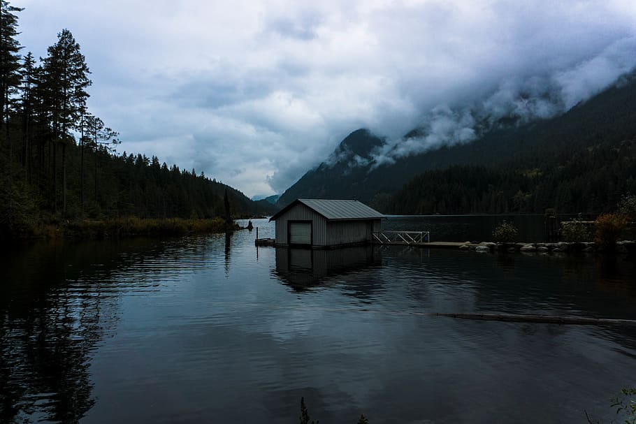 trees, lake, mood, clouds, fog, mountains, cabin, water, cloud - sky HD wallpaper