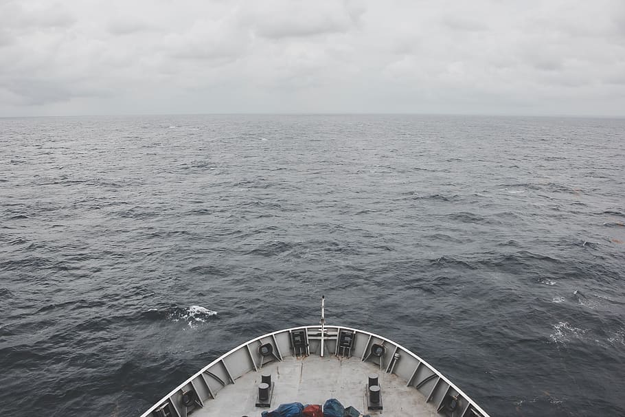 ship, vessel, sailing, ocean, sea, blue, grey, clouds, storm HD wallpaper