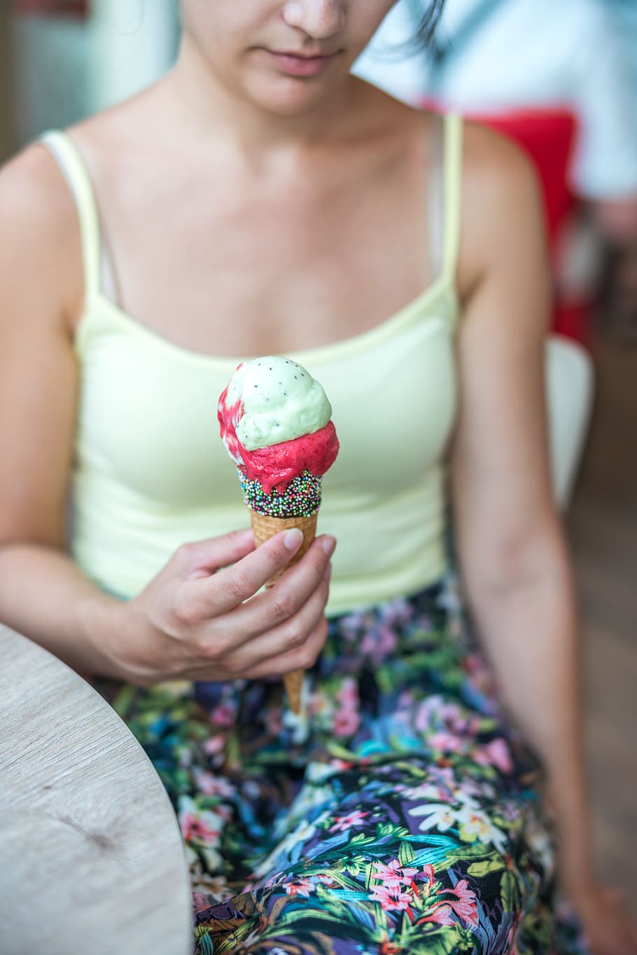 Woman Holding Ice Cream, body, close-up, cold, colored, cone HD wallpaper