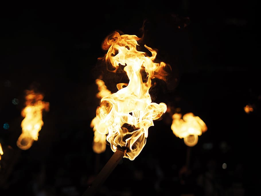 fires on isolated black background, flame, bonfire, light, flare, HD wallpaper