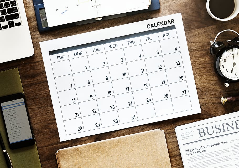 Flat Lay Photography of Calendar, agenda, data, date, deadline