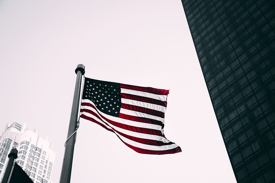 Low Angle Photo of American Flag, 4k wallpaper, building, colors