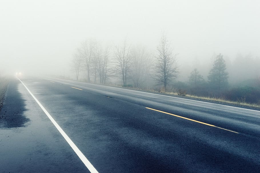 road, straight, wet, rainy, traffic, danger, visibility, fog, HD wallpaper