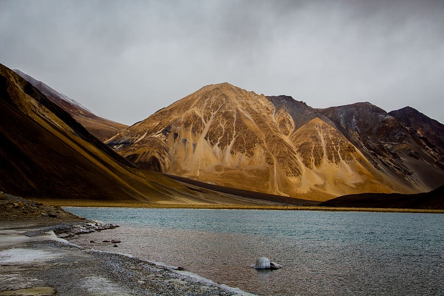 Brown Mountain Hills Near Sea, clouds, cloudy, cloudy skies, cloudy sky HD wallpaper