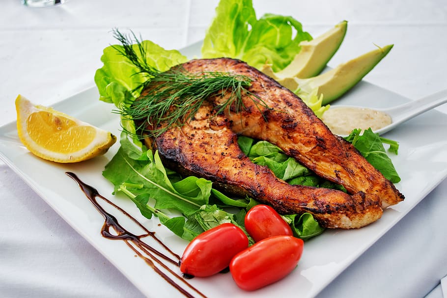 Fish Salad Dish, avocado, cooked, delicious, dinner, food, lemon HD wallpaper
