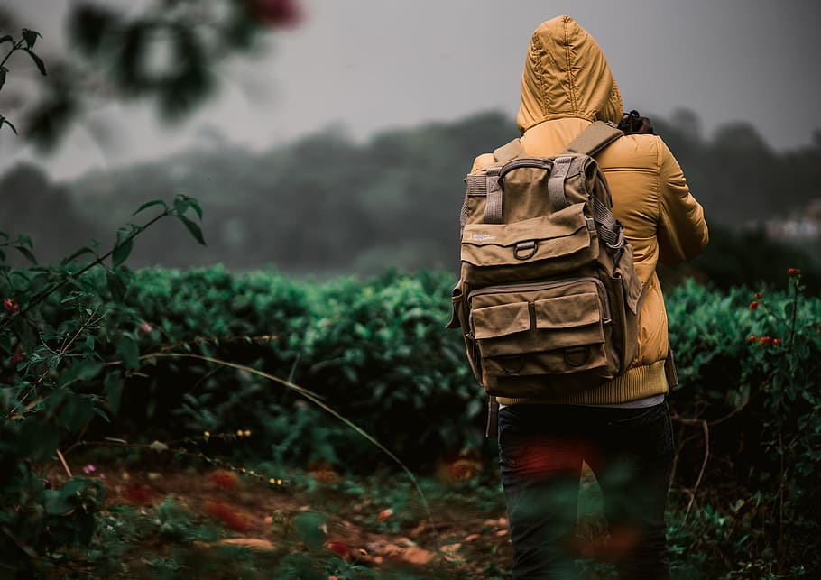 person holding DSLR camera, photographer, backpack, jacket, bokeh HD wallpaper