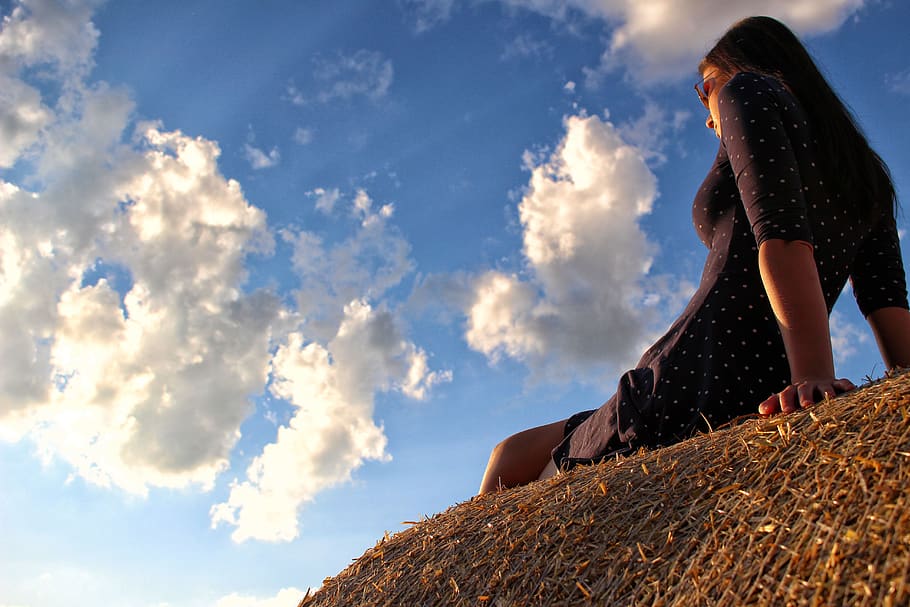 Woman Standing on Mountain Against Cloudy Sky, adult, beautiful HD wallpaper