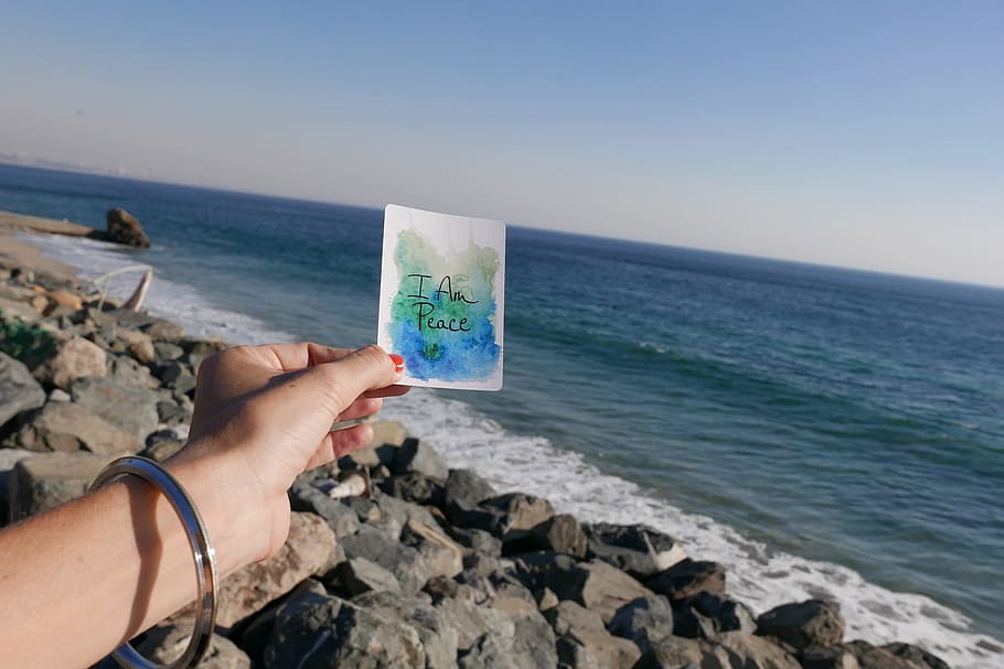I Am Peace Watercolor Card, beach, bracelet, daylight, hand, holding HD wallpaper