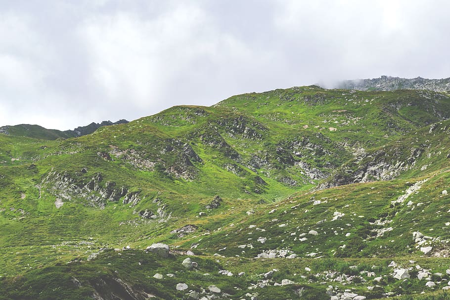 mountain, highland, cloud, sky, landscape, nature, valley, rocks HD wallpaper