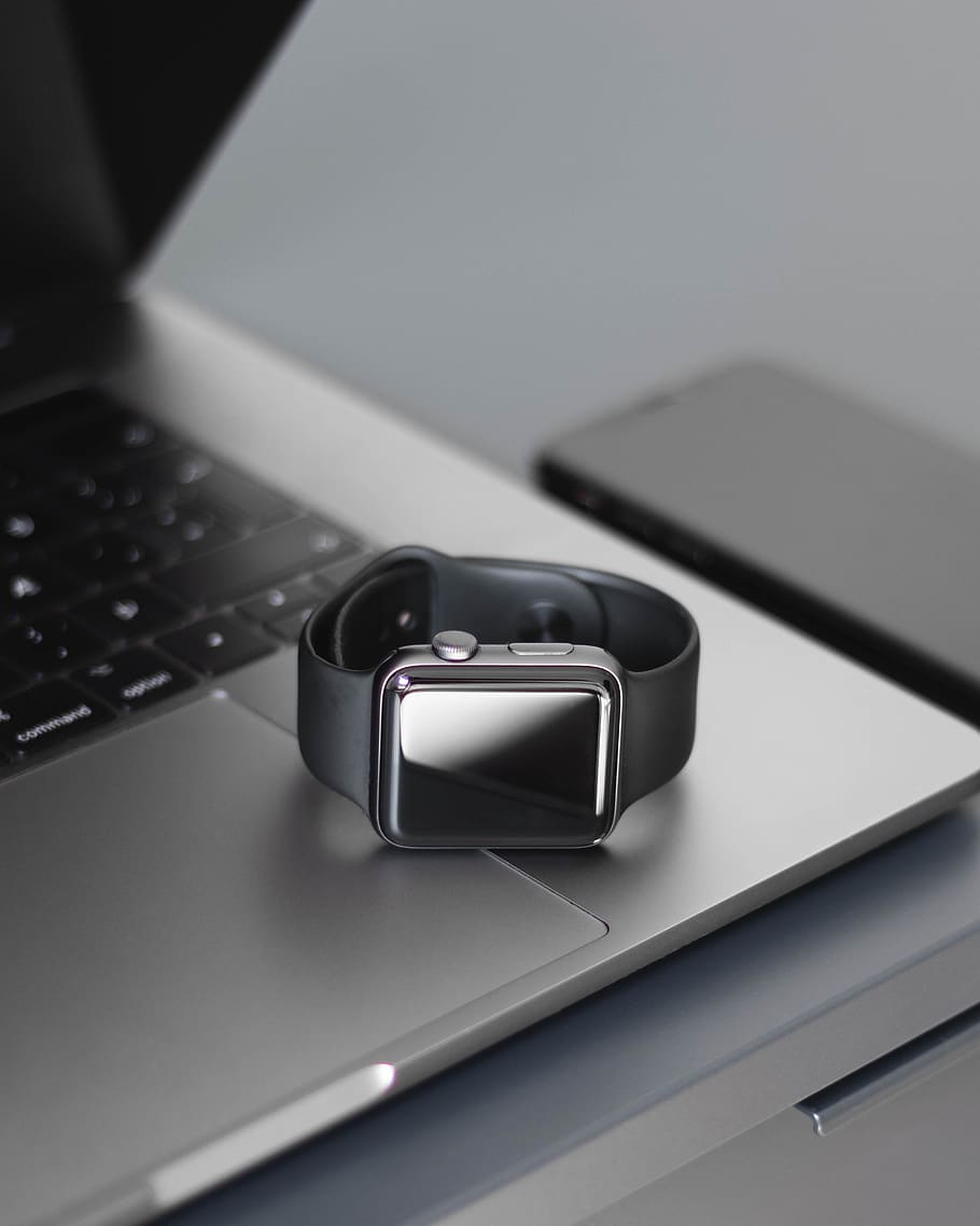 silver smartwatch on silver laptop, technology, wireless technology HD wallpaper