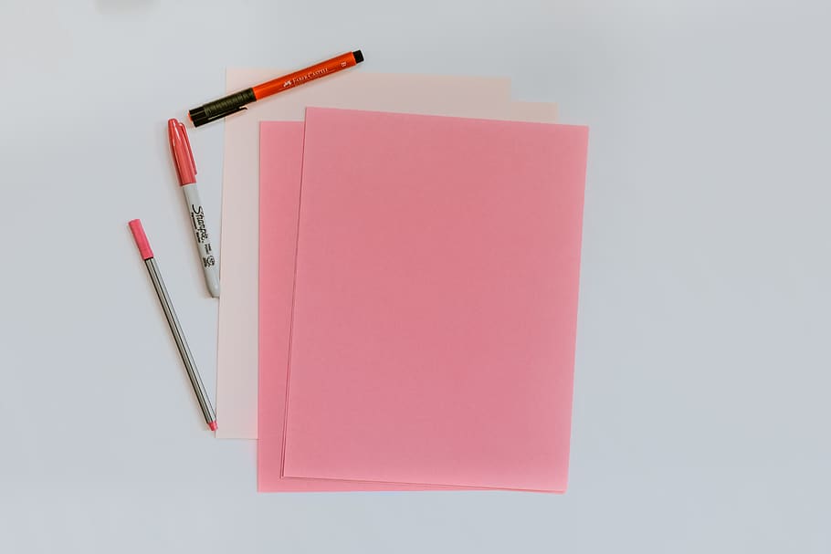pink printer papers, pen, pencil, copy space, indoors, no people HD wallpaper