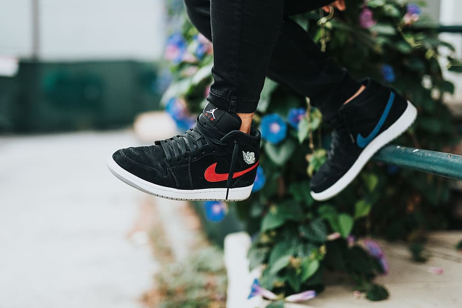 black Nike sneakers, shoe, fence, fashion, style, hi-top, trainer