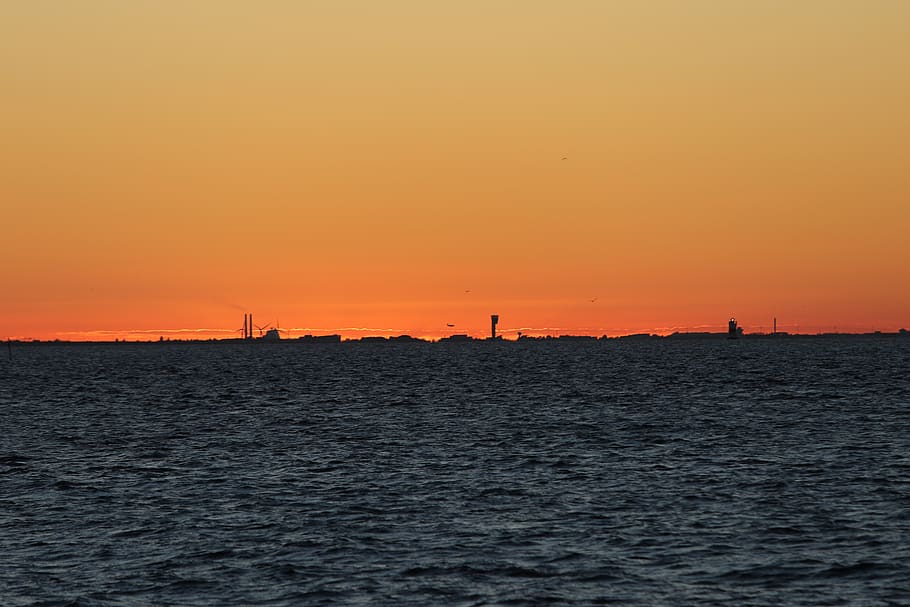 sweden, malmö, sunset, sky, orange color, water, sea, silhouette HD wallpaper