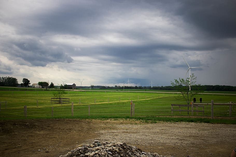 field, clouds, farm, grass, windmill, trees, cloud - sky, environment HD wallpaper