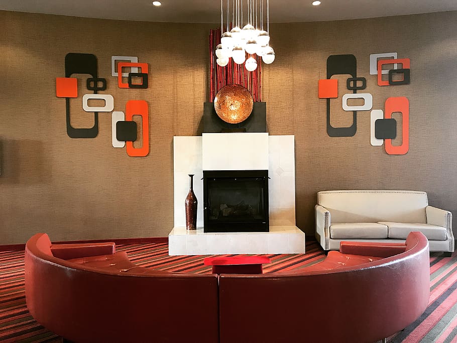 red leather sofa with fire place, technology, indoors, home showcase interior HD wallpaper