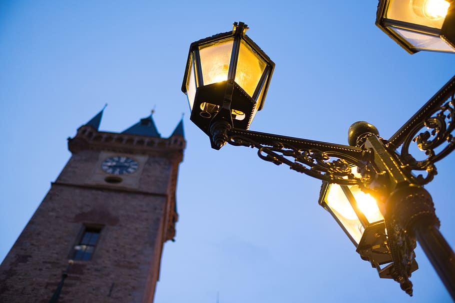 tower, building, architecture, lamp post, clock tower, light HD wallpaper