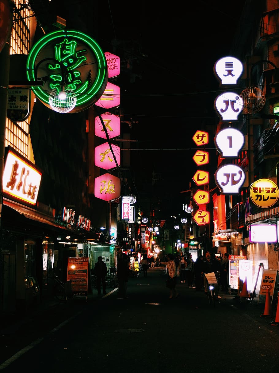 pathway in between buildings at night time, human, person, urban HD wallpaper