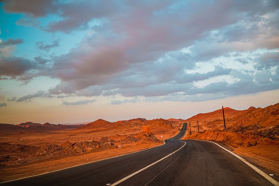 road, sunset, desert, landscape, away, nature, sky, dusk, scenic HD wallpaper