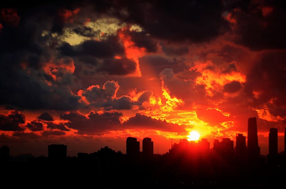 sunset, sky, cloud, building, twilight, nature, red, republic of korea HD wallpaper