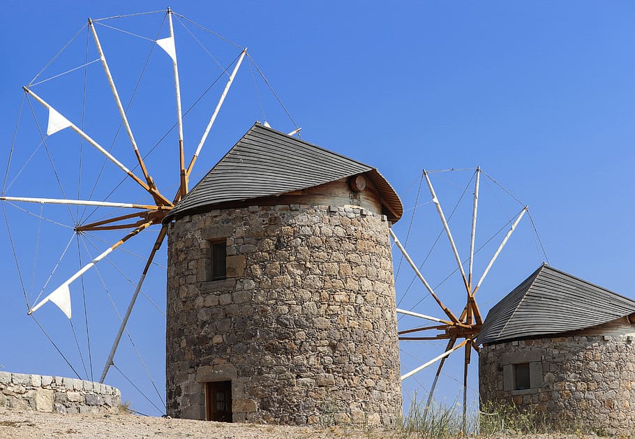 greece, windmill, blue sky, warm, ancient, fuel and power generation HD wallpaper