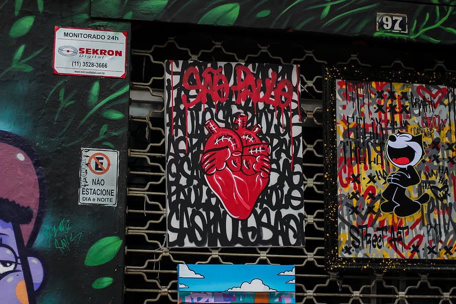 two assorted-color paintings, art, graffiti, canvas, heart, text HD wallpaper