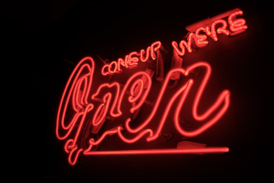 red, open, light, melbourne, neon, illuminated, text, lighting equipment HD wallpaper