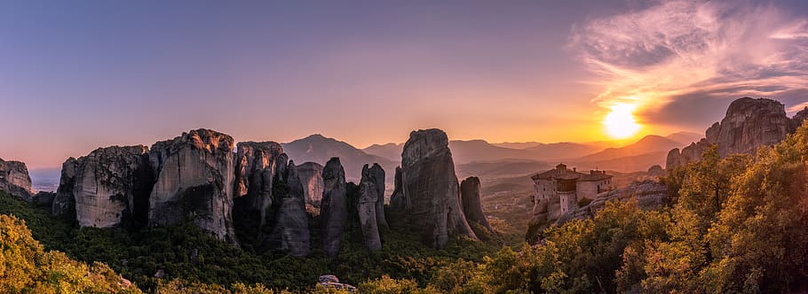 gray rock mountains, greece, kalampaka, meteoron, nature, sunset, HD wallpaper