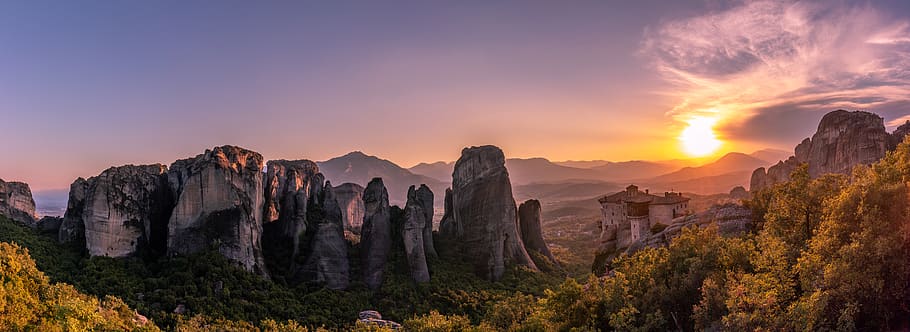gray rock mountains, greece, kalampaka, meteoron, nature, sunset HD wallpaper
