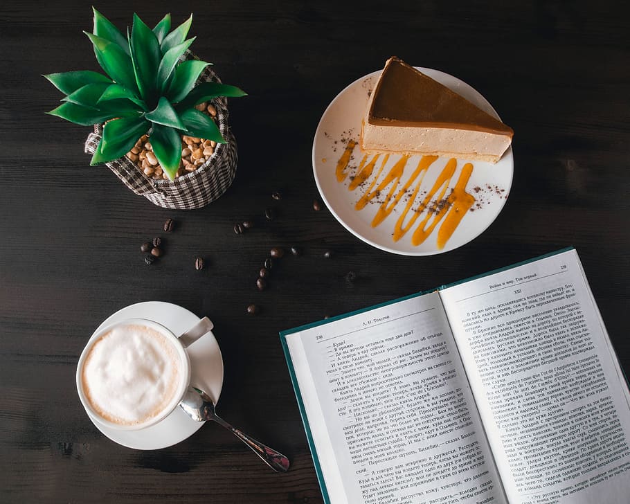 Opened Book Near Custard Cake and Coffee, beans, beverage, breakfast HD wallpaper