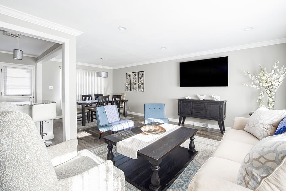 Empty Living Room, ceiling, chairs, clean, comfort, comfortable HD wallpaper
