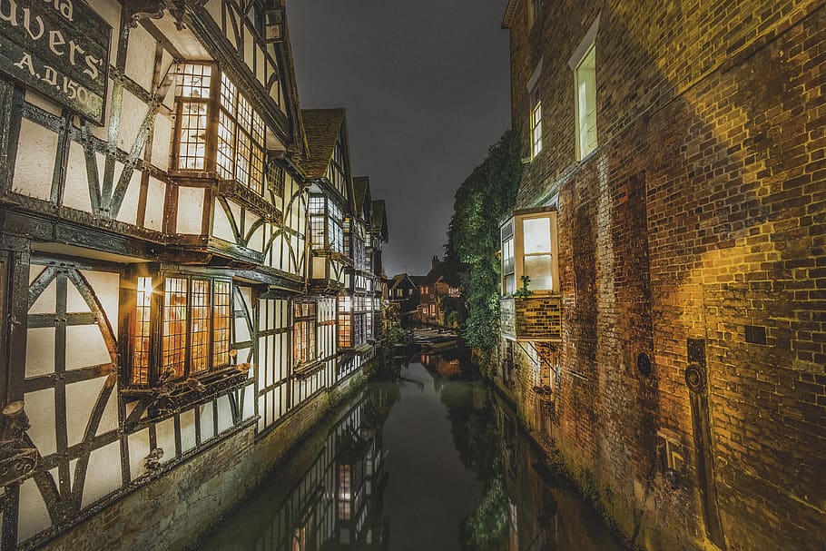 river between concrete buildings, town, path, walkway, canterbury HD wallpaper