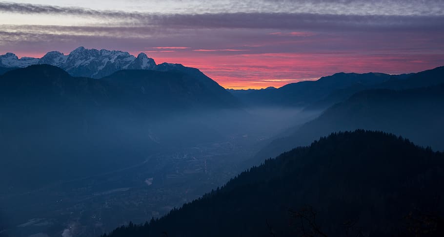 Orange Sunset and Mountain Range, calm, clouds, dawn, foggy, forest HD wallpaper