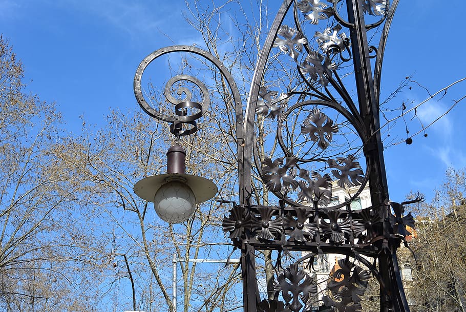 spain, barcelona, lamppost, light, sky, tree, low angle view HD wallpaper