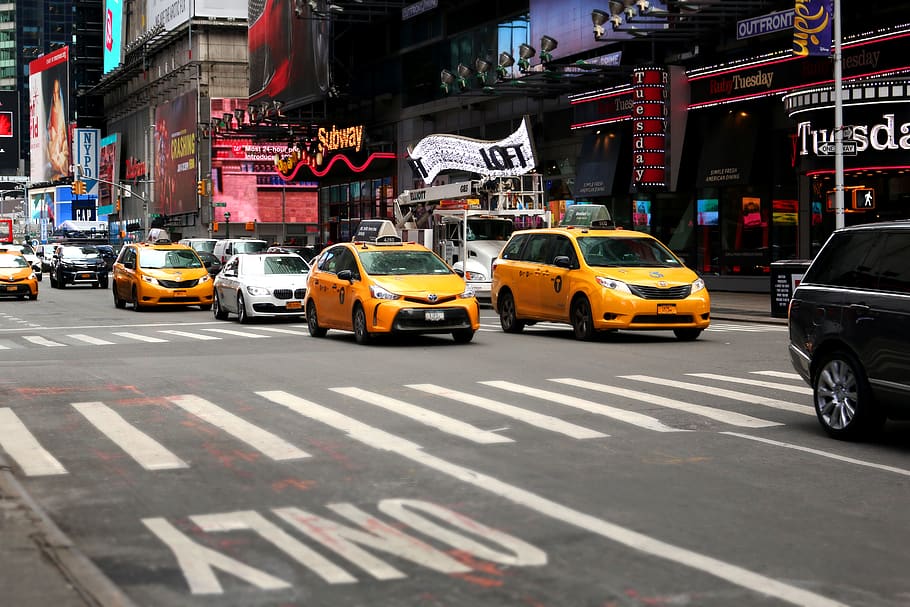 vehicles on road, automobile, transportation, car, cab, taxi HD wallpaper