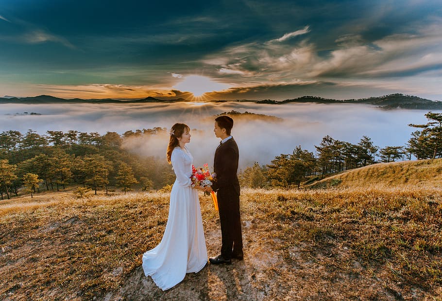 Woman And Man Standing Near The Cliff, bride, couple, dress, groom