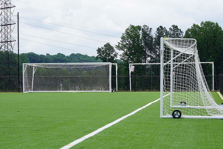 three white goal nets on grass field, plant, sport, tree, team sport HD wallpaper