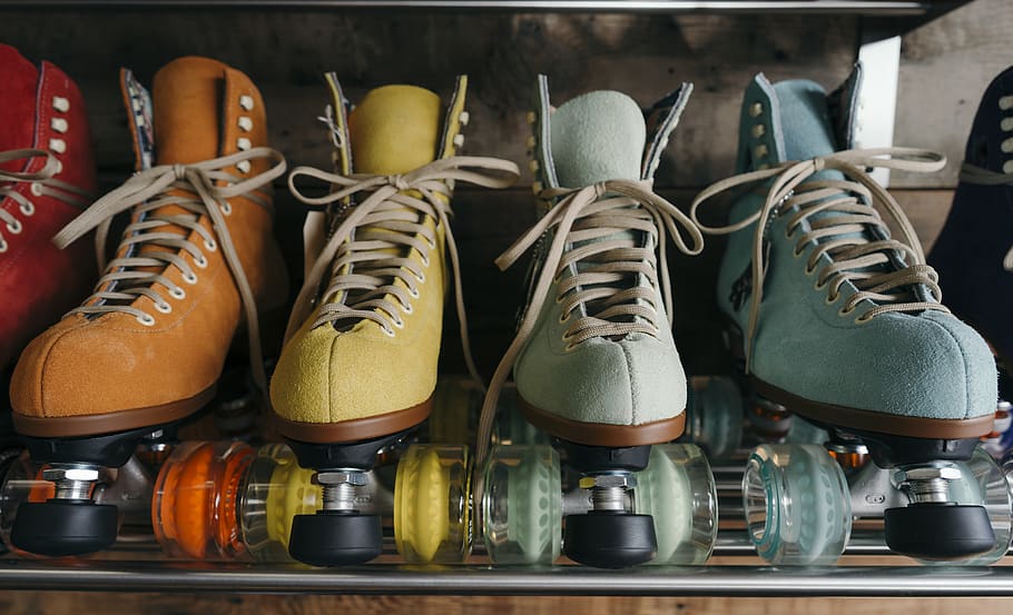 Four Unpaired Assorted Color Roller Skates, classic, footwear, HD wallpaper