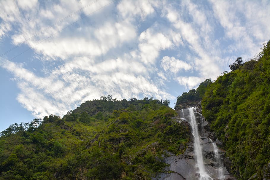 waterfalls, forest, trees, cloud, sky, plant, scenics - nature HD wallpaper