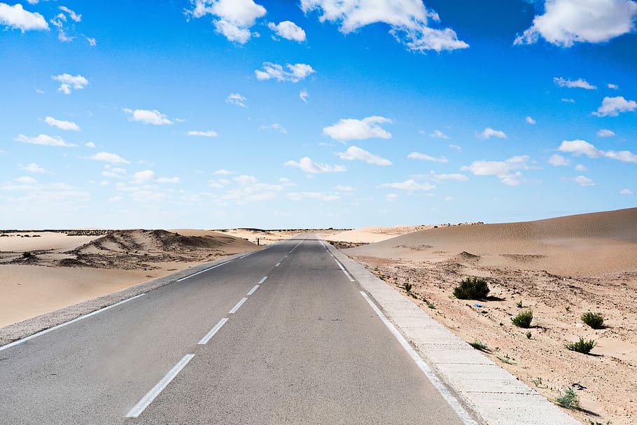 blue, sky, clouds, road, travel, desert, landscape, highland HD wallpaper