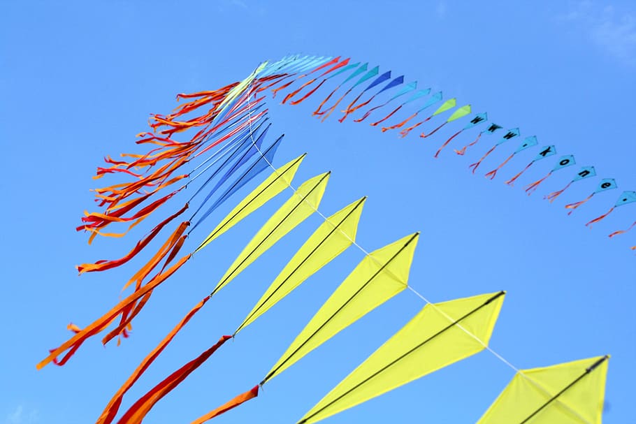 kites, newport ri, festival, blue, sky, clear sky, low angle view