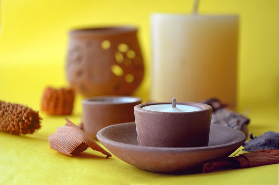 Candle in a terra-cotta holder, creative, creativity, fire, flame HD wallpaper