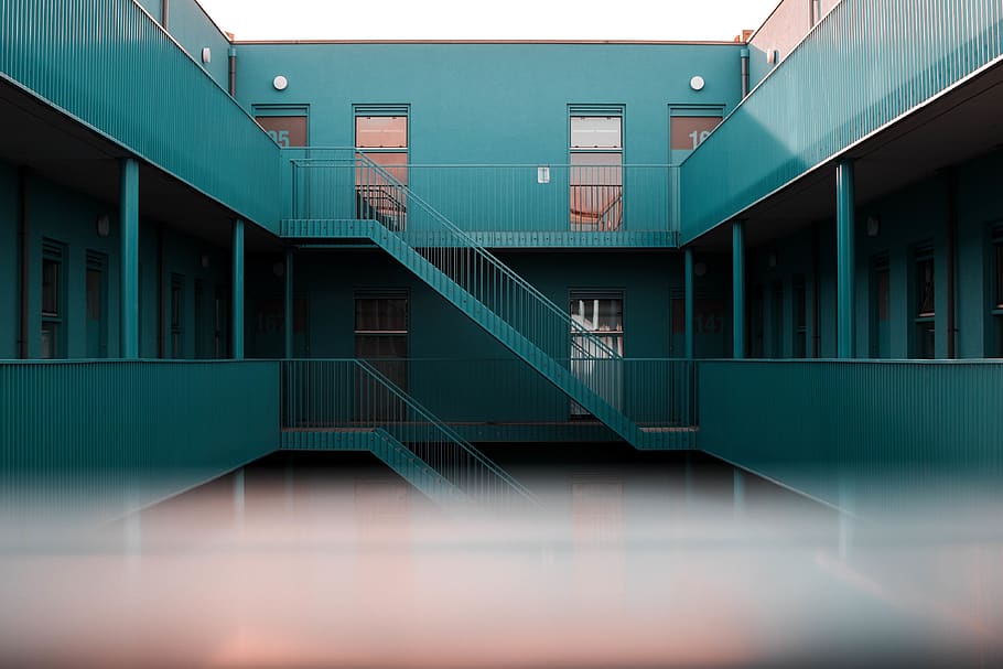 Blue Concrete Building, apartment, architecture, blur, contemporary, HD wallpaper