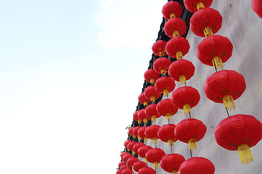 red paper lanterns, lamp, wall, hang, lucky, lampshade, china, HD wallpaper