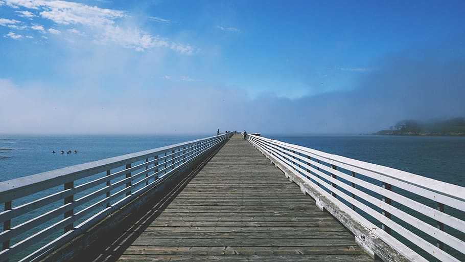 boardwalk, pier, bridge, deck, water, sky, blue, wooden, structure HD wallpaper