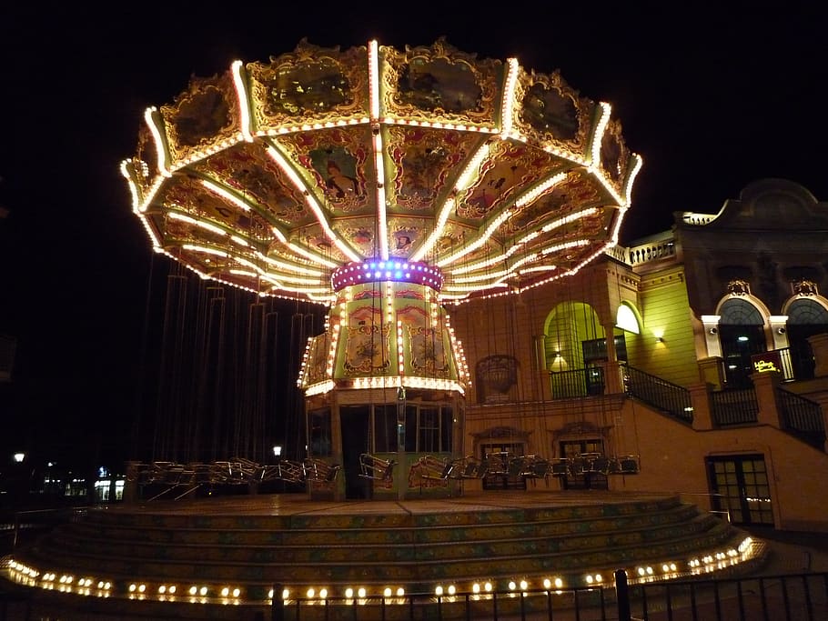 austria, vienna, prater, carousel, night, illuminated, amusement park HD wallpaper