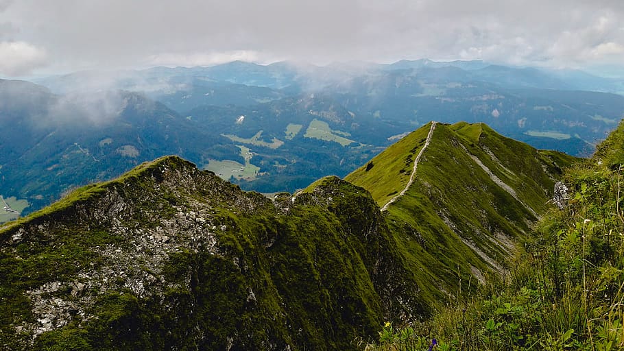 Green Mountain, clouds, daylight, grass, high, landscape, mountain peak HD wallpaper