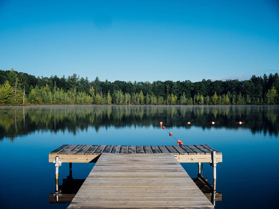 dock, lake, water, reflection, trees, forest, outdoors, nature HD wallpaper