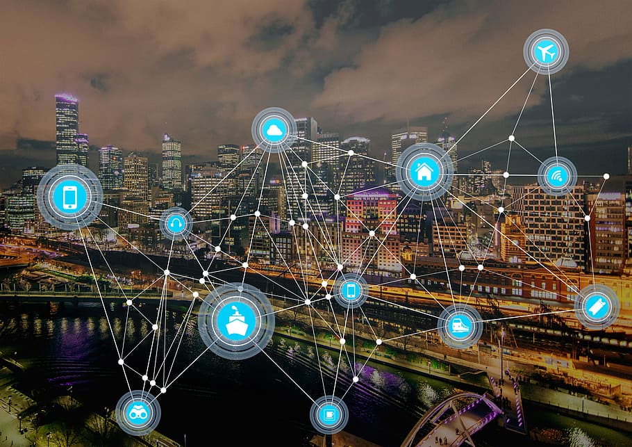 Internet of Things - Communication Mesh over Cityscape, business, HD wallpaper