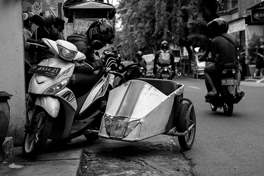 motorcycle parked, white, black, street photography, wheel, three HD wallpaper